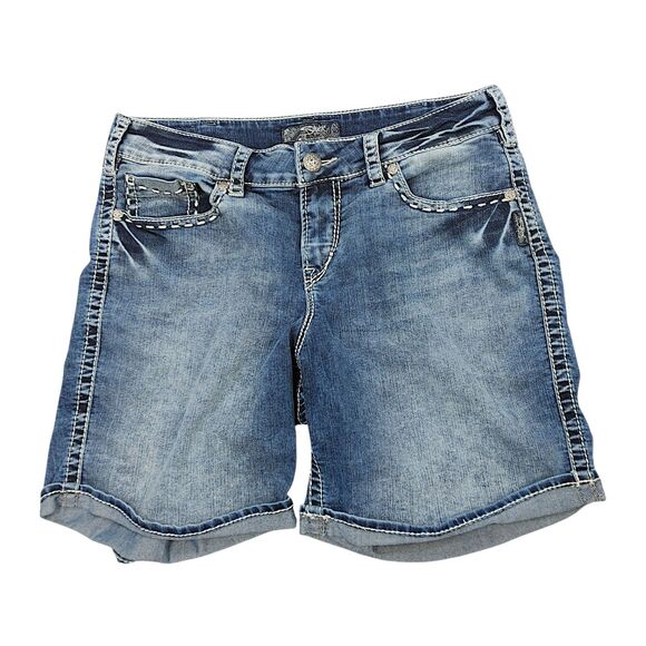 Silver Jeans Co McKenzie Flap Shorts Blue Denim Embroidered Women's Size 14 - Picture 1 of 13